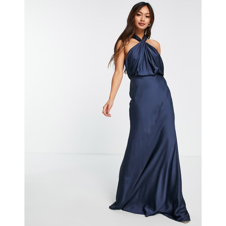 Stella Ruched Halter Maxi Dress - NAVY / XS