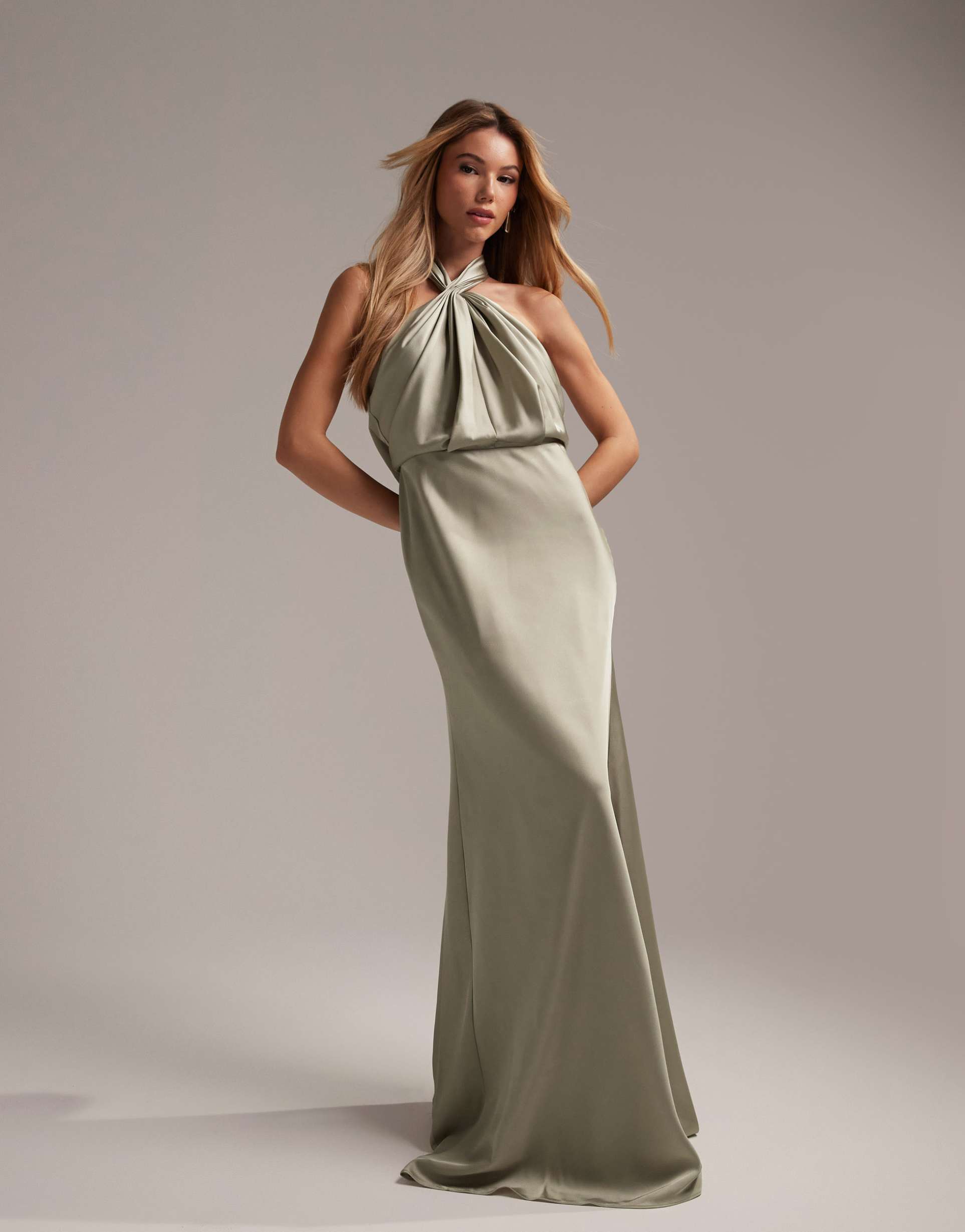 asos design bridesmaid satin ruched halter neck maxi dress in sage green