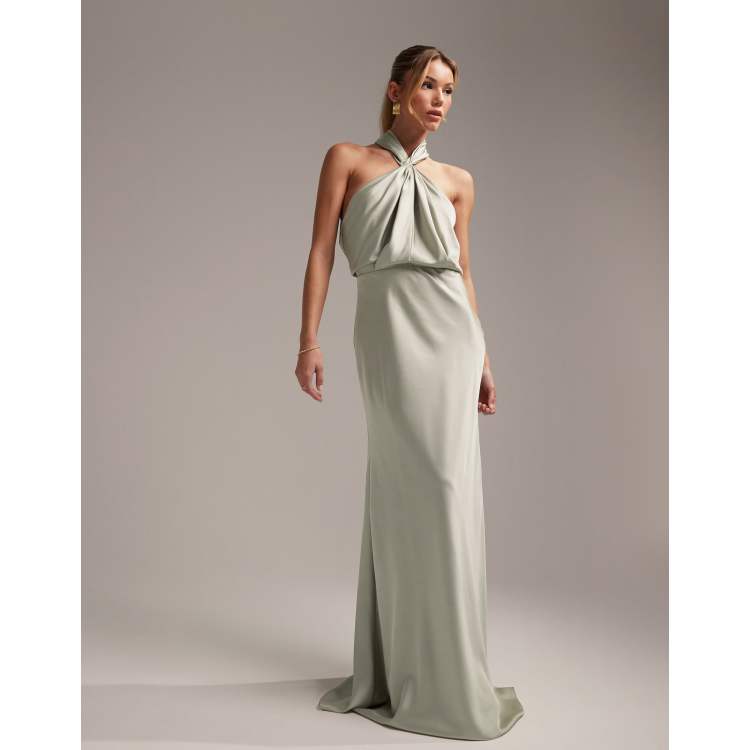 ASOS DESIGN Bridesmaid satin ruched halter neck maxi dress in sage green