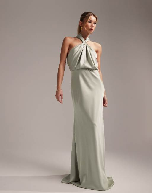 ASOS DESIGN Bridesmaid satin ruched halter neck maxi dress in sage