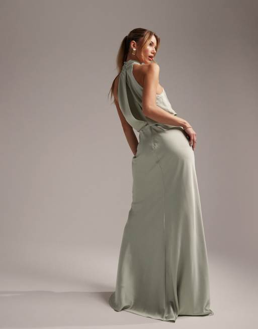 ASOS DESIGN Bridesmaid satin square neck maxi dress in sage green