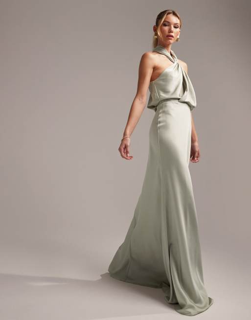 ASOS DESIGN Bridesmaid satin ruched halter neck maxi dress in sage