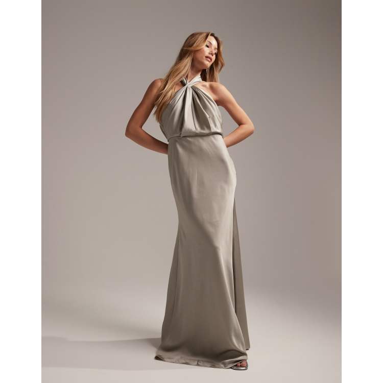 ASOS DESIGN Bridesmaid satin ruched halter neck maxi dress in sage green