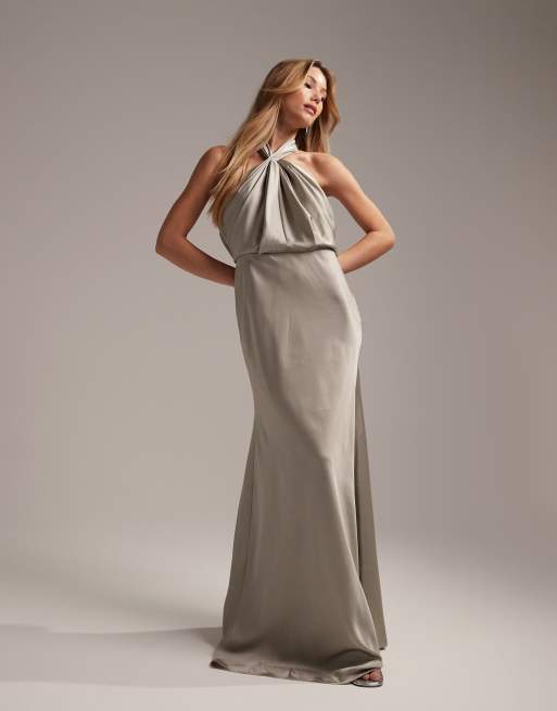 ASOS DESIGN Bridesmaid satin ruched halter neck maxi dress in sage