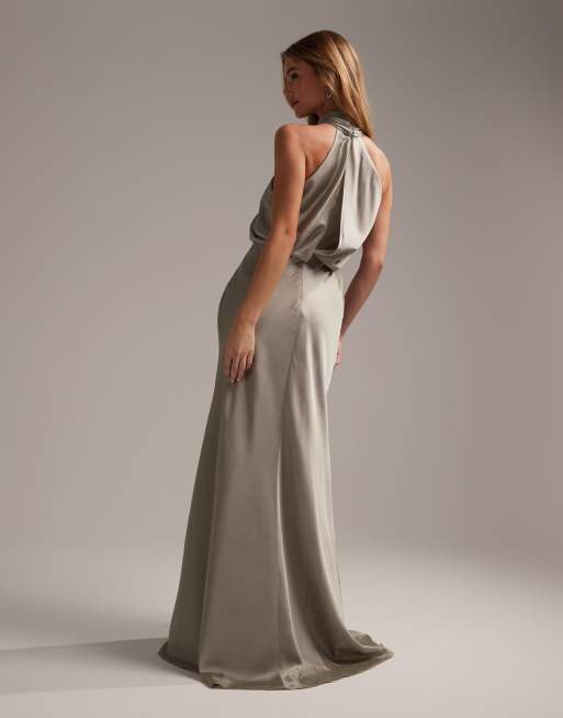 ASOS DESIGN Bridesmaid satin ruched halter neck maxi dress in sage