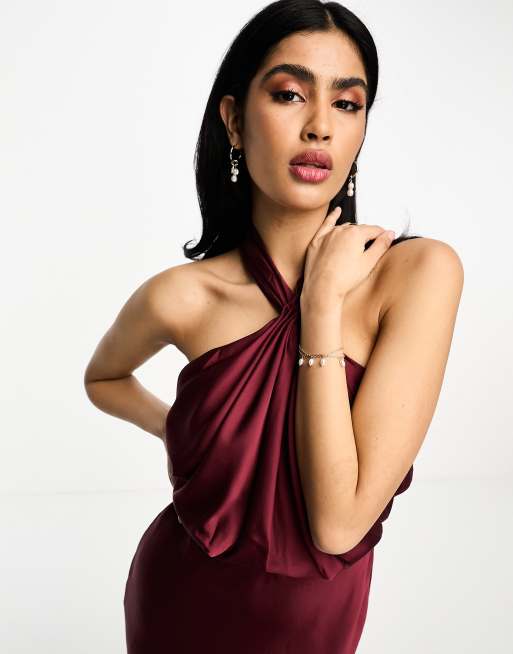 ASOS DESIGN Bridesmaid satin ruched halter neck maxi dress in wine