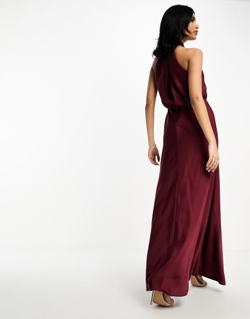 ASOS DESIGN Bridesmaid satin ruched halter neck maxi dress in wine