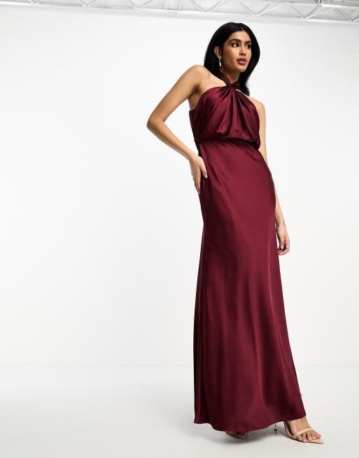 ASOS DESIGN Bridesmaid satin ruched halter neck maxi dress in wine