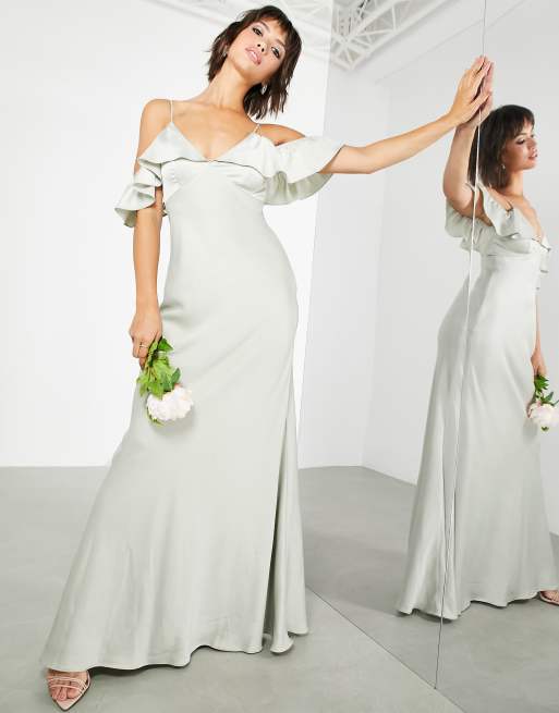 ASOS DESIGN Bridesmaid satin ruffle cold shoulder maxi dress in sage green