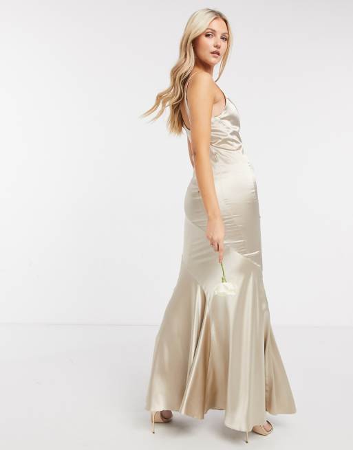 ASOS DESIGN Bridesmaid satin scoop maxi dress with paneled skirt and button back, 2 of 4