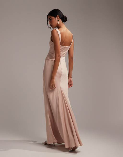 ASOS DESIGN Bridesmaid maxi dress with curved neckline and satin