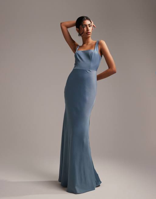 ASOS DESIGN Bridesmaid satin square neck maxi dress in dusky blue