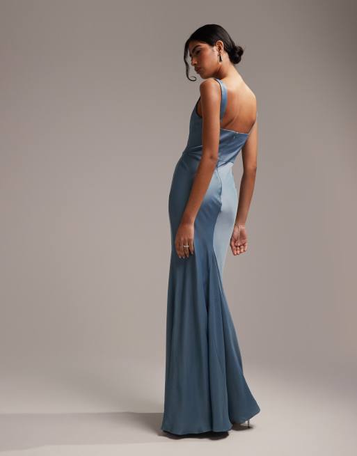 Dusty Blue Slim Satin Cowl Neck Bridesmaids Midi Dress