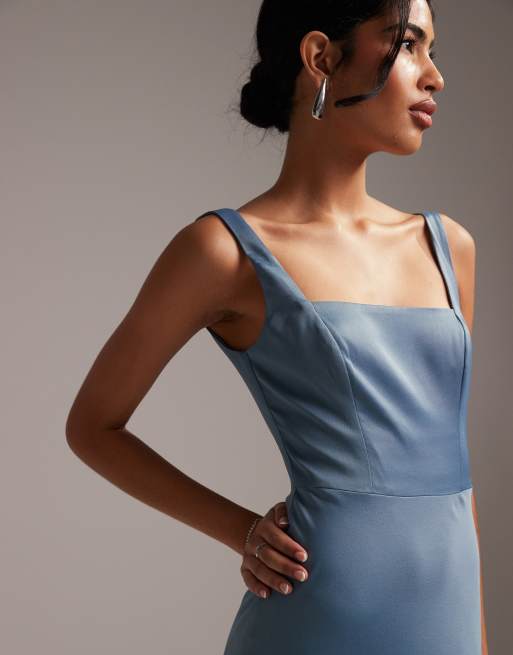 ASOS DESIGN Bridesmaid satin square neck maxi dress in dusky blue