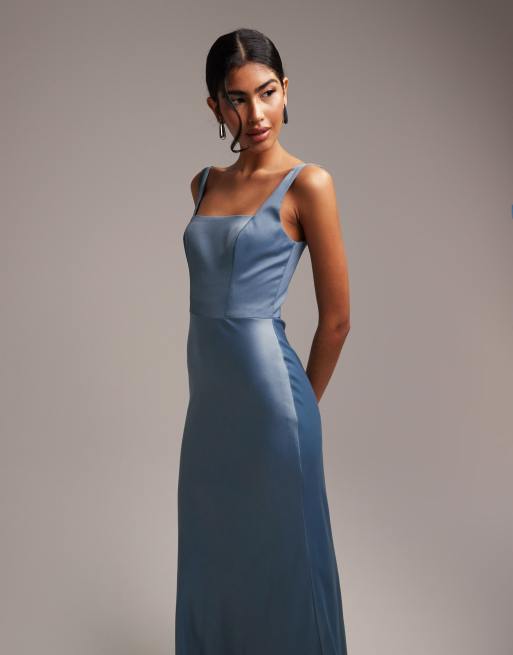 ASOS DESIGN Bridesmaid satin square neck maxi dress in dusky blue