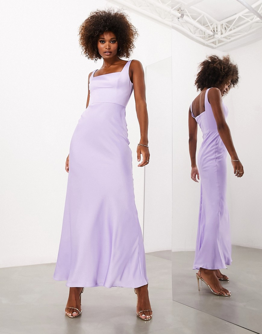 ASOS DESIGN Bridesmaid satin square neck maxi dress in lilac-Purple
