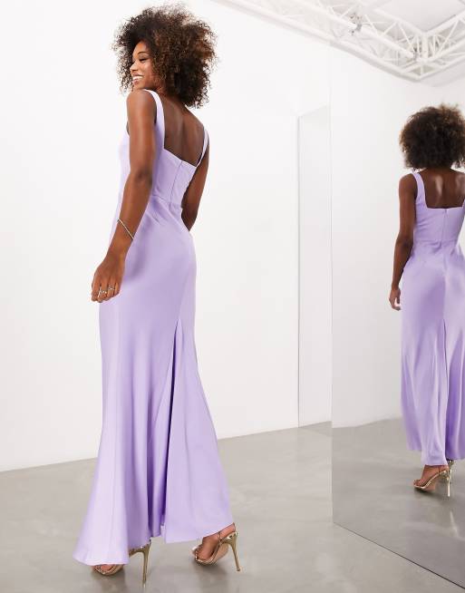 ASOS DESIGN Bridesmaid satin square neck maxi dress in lilac