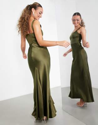 ASOS DESIGN Bridesmaid satin square neck maxi dress in olive green | ASOS