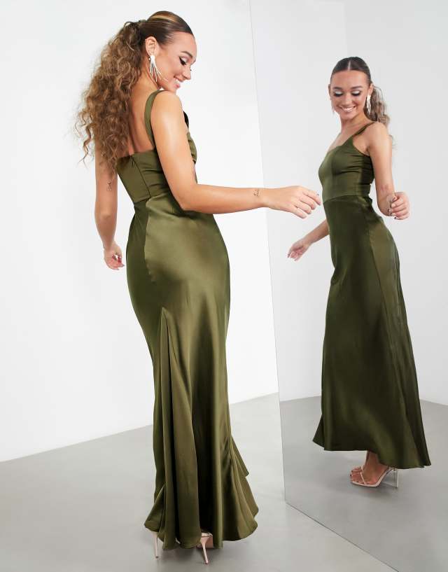 ASOS DESIGN - bridesmaid satin square neck maxi dress in olive green