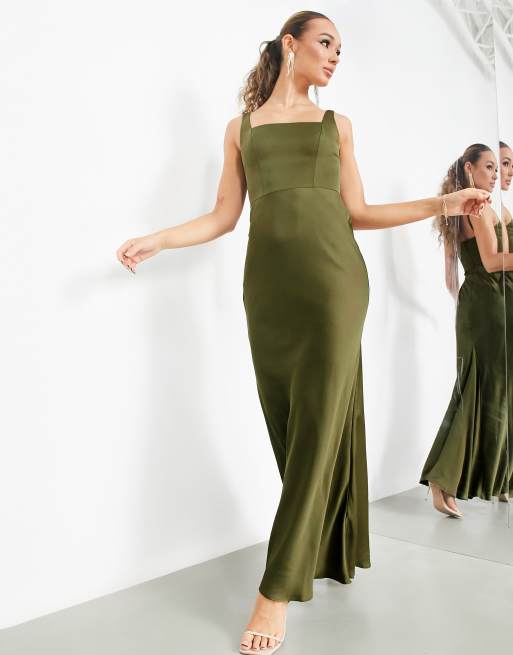 ASOS DESIGN Bridesmaid satin cowl neck maxi dress with full skirt in olive  green