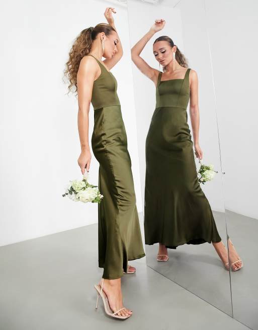 ASOS DESIGN Bridesmaid satin square neck maxi dress in sage green