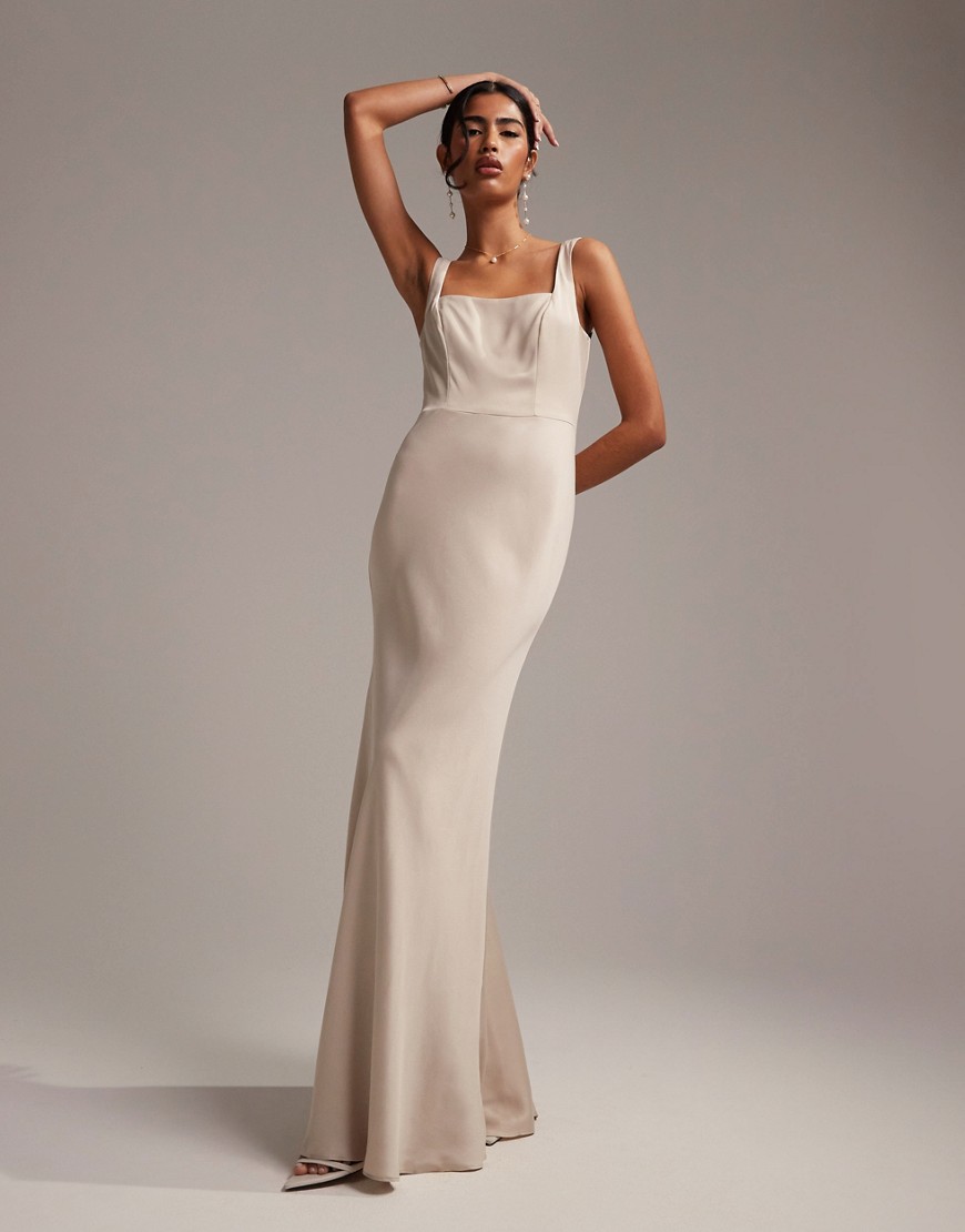 ASOS DESIGN Bridesmaid satin square neck maxi dress in oyster-White