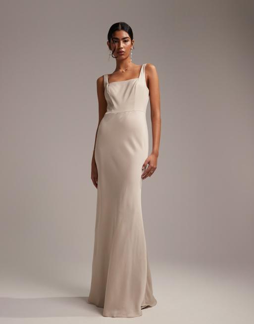 ASOS DESIGN Bridesmaid satin square neck maxi dress in oyster