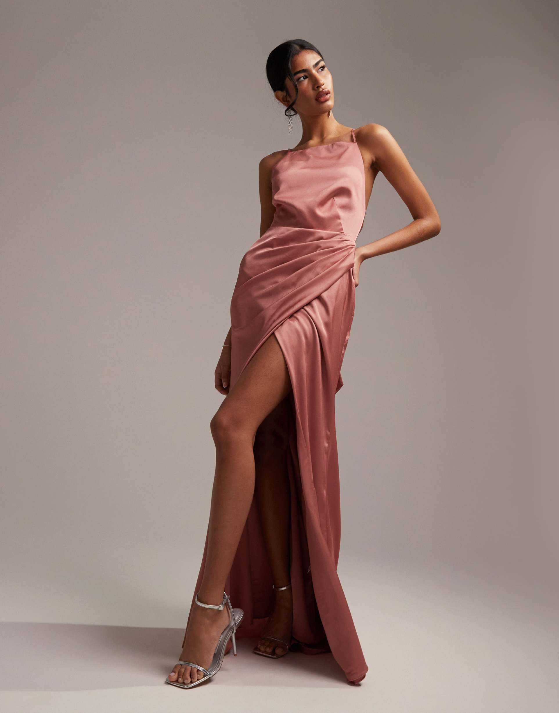 asos design bridesmaid satin square neck maxi dress with side slit in dusky rose