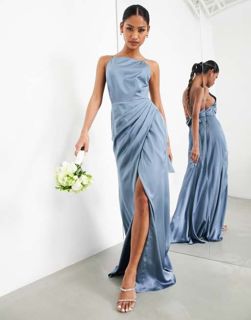 ASOS DESIGN Bridesmaid satin square neck maxi dress with side split in  dusky blue