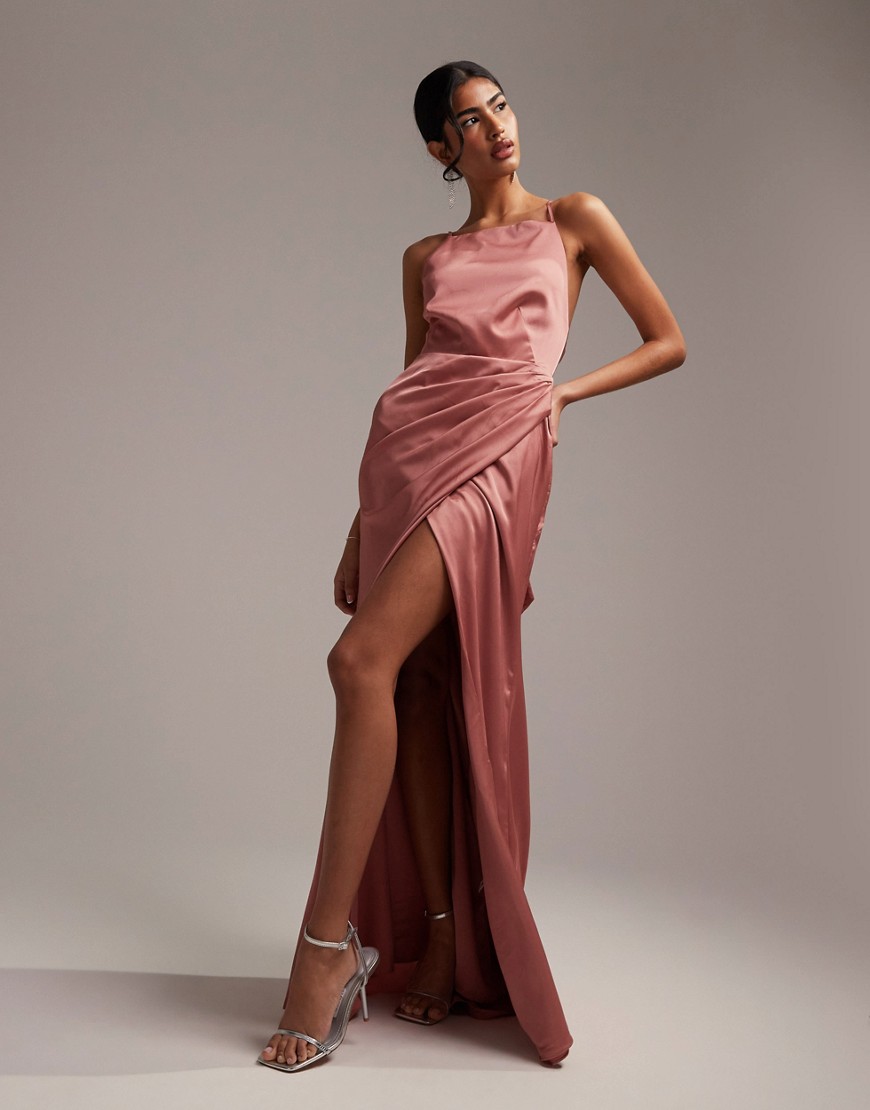 ASOS DESIGN Bridesmaid satin square neck maxi dress with side split in dusky rose-Pink