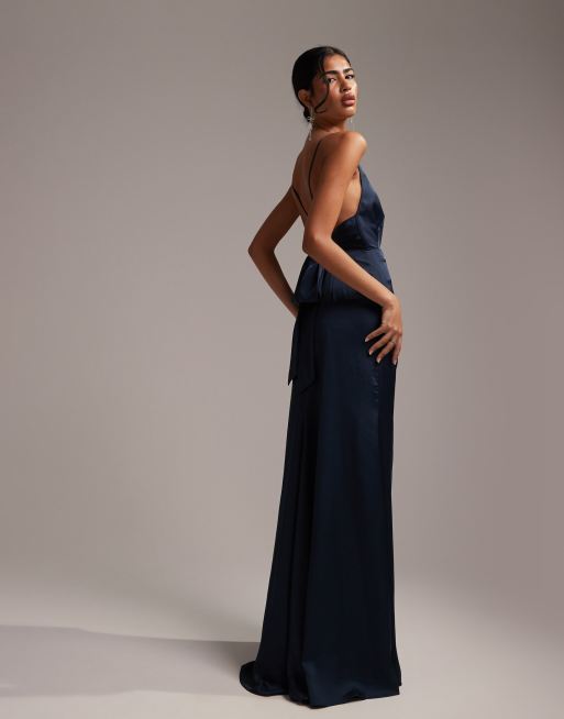 ASOS DESIGN Bridesmaid satin square neck maxi dress with side split in  petrol blue