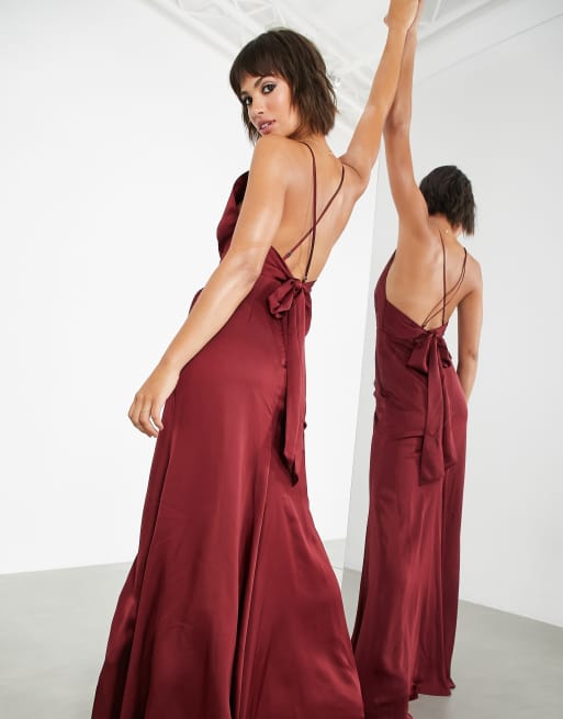 ASOS DESIGN Bridesmaid satin ruched halter neck maxi dress in wine, ASOS