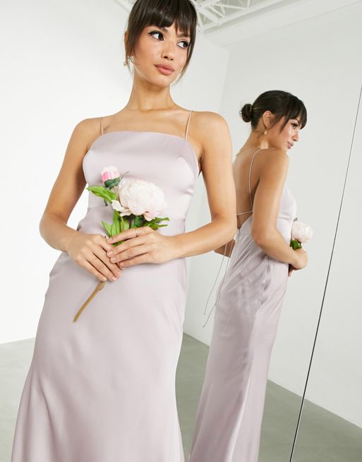 ASOS DESIGN Bridesmaid satin square neck maxi dress in lilac