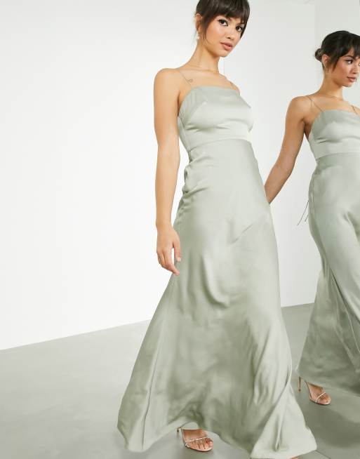 ASOS DESIGN Bridesmaid satin square neck maxi dress with tie back in sage green