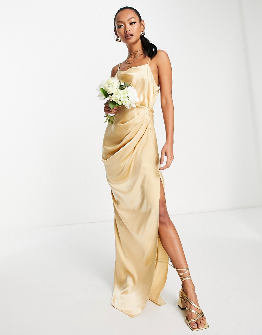 ASOS DESIGN Bridesmaid satin wrap maxi dress with drape detail skirt in soft gold