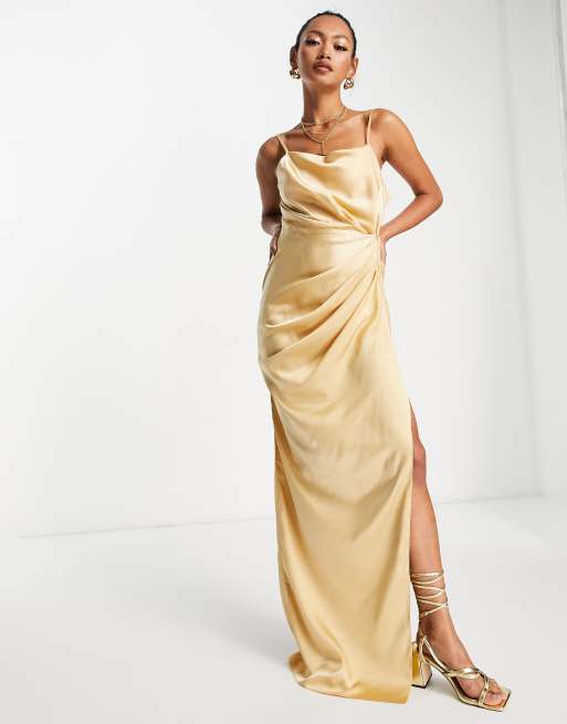 ZARA Satin Cowl Neck Bridesmaids Maxi Dress with Side Split - Champagne Gold