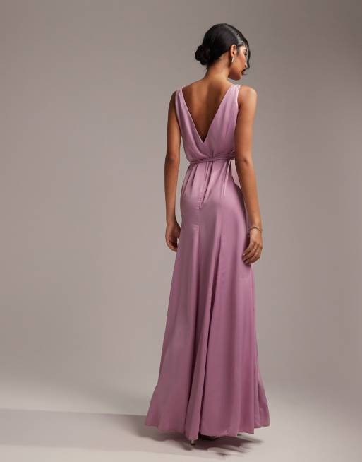 ASOS DESIGN Bridesmaid satin wrap maxi dress with tie detail in lilac