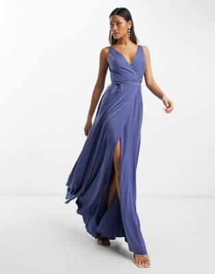 ASOS DESIGN ASOS DESIGN Bridesmaid satin wrap maxi dress with tie detail in steel blue