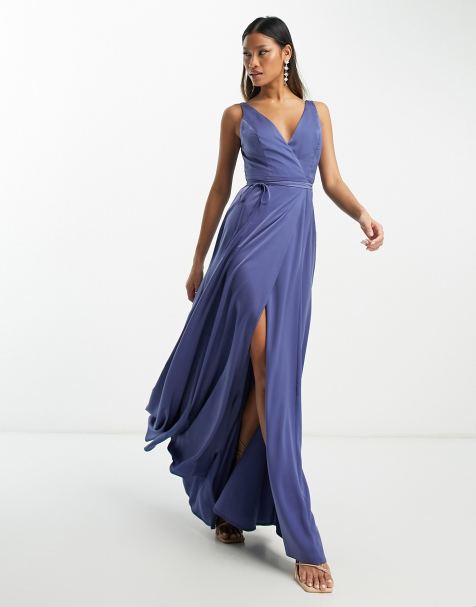 Blue long cheap silk dress