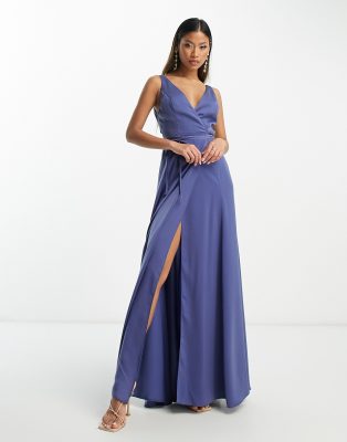 ASOS DESIGN Bridesmaid satin wrap maxi dress with tie detail in steel blue  | ASOS