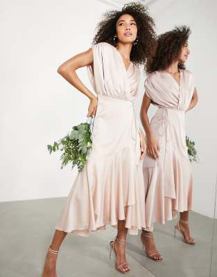 ASOS DESIGN ASOS DESIGN Bridesmaid satin wrap midi dress with ruched detail in blush-Pink