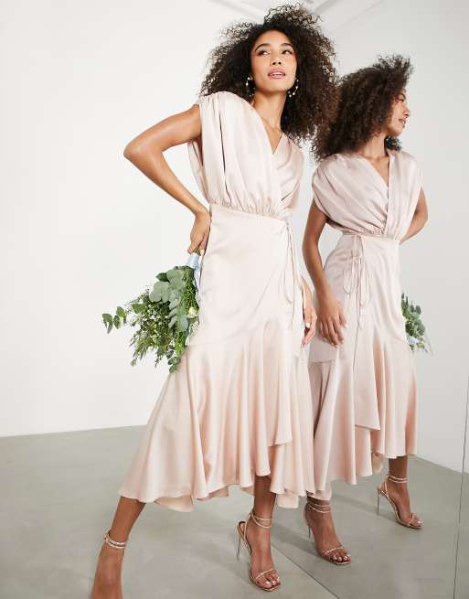 ASOS DESIGN Bridesmaid satin wrap midi dress with ruched detail in blush