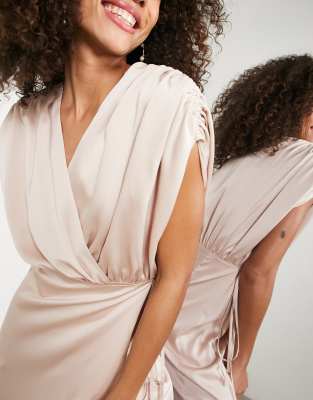 ASOS DESIGN Bridesmaid satin wrap midi dress with ruched detail in blush |  ASOS
