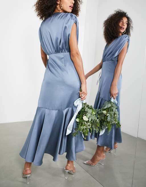 ASOS DESIGN Bridesmaid satin wrap midi dress with ruched detail in