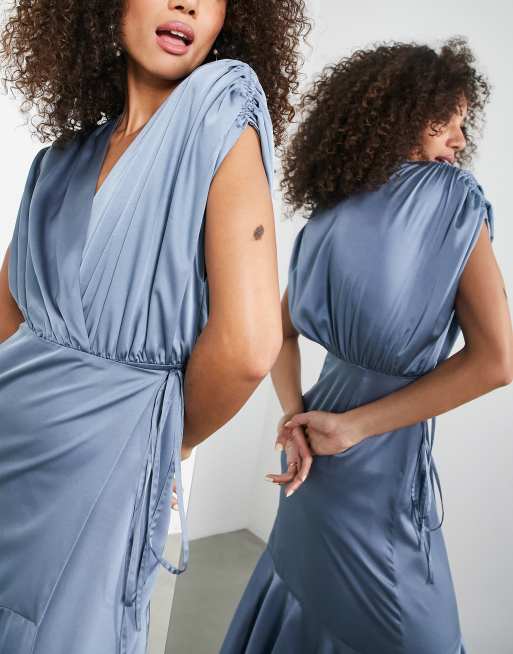 ASOS DESIGN Bridesmaid satin wrap midi dress with ruched detail in dusky blue, 2 of 4