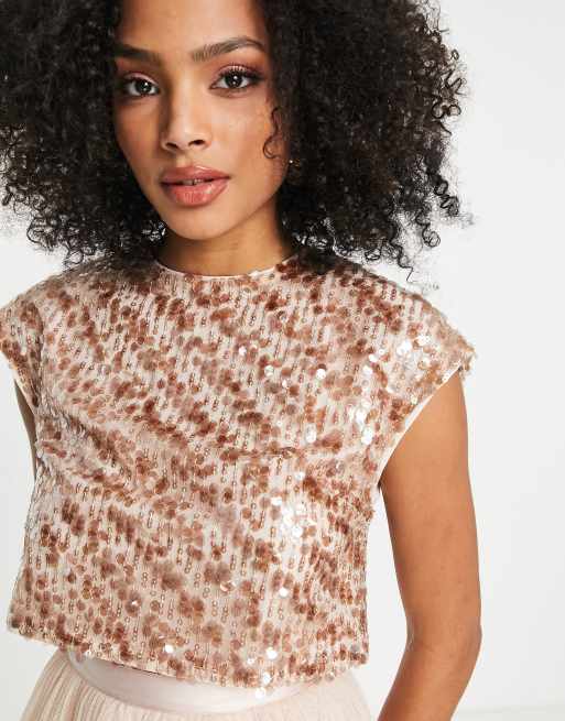 ASOS DESIGN Bridesmaid sequin top with ribbon bow back in champagne - part  of a set | ASOS