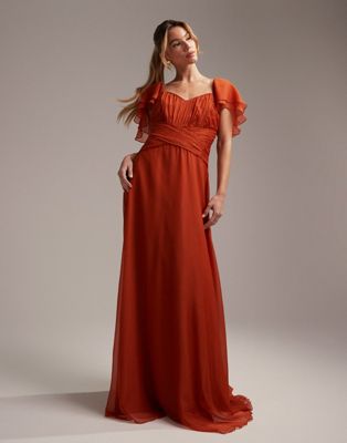 Asos Design Bridesmaid Short Sleeve Ruched Maxi Dress In Rust-brown