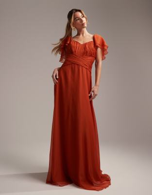 ASOS DESIGN Bridesmaid short sleeve ruched maxi dress in rust-Brown