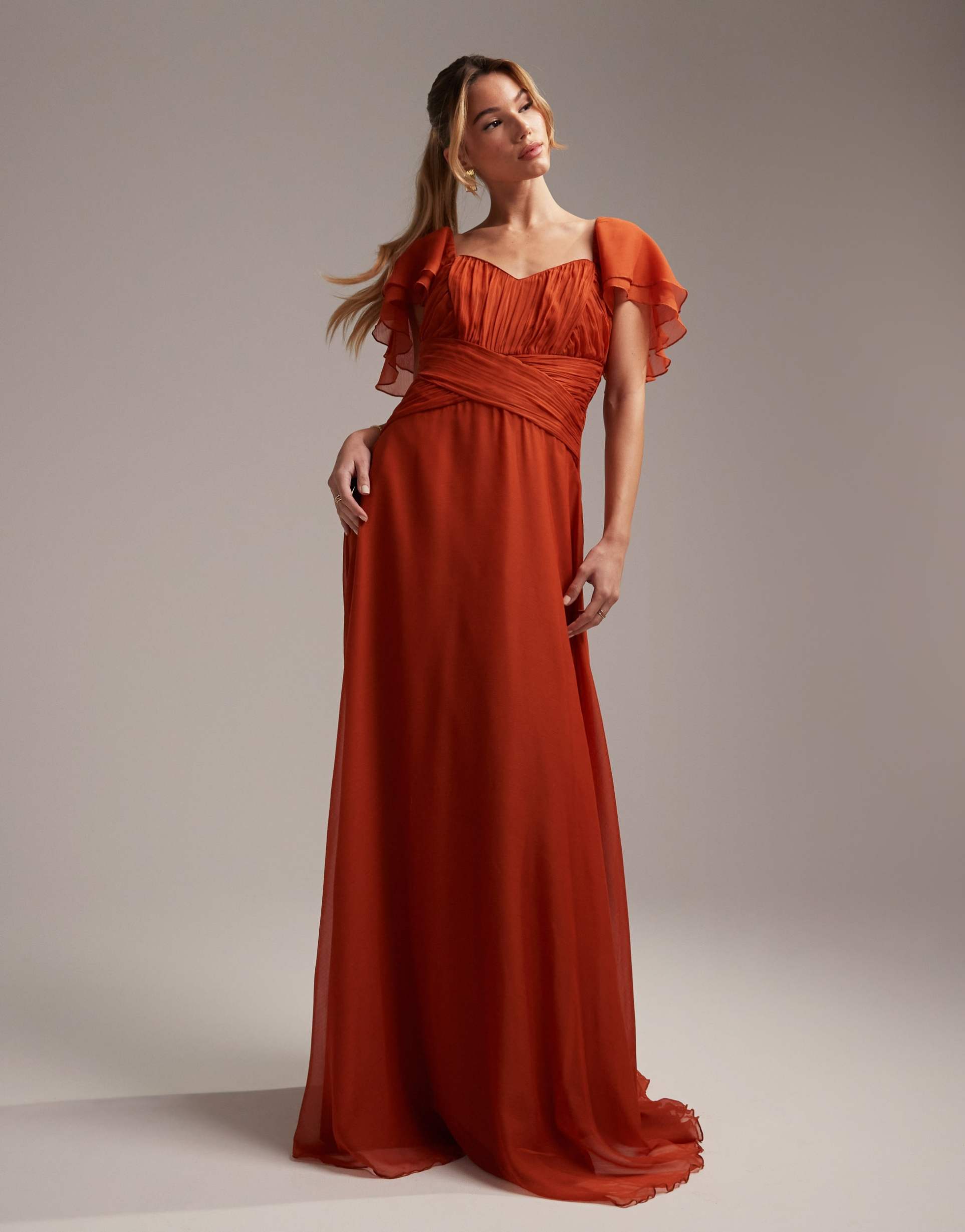 asos design bridesmaid short sleeve ruched maxi dress in rust