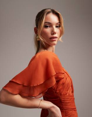 ASOS DESIGN Bridesmaid short sleeve ruched maxi dress in rust | ASOS